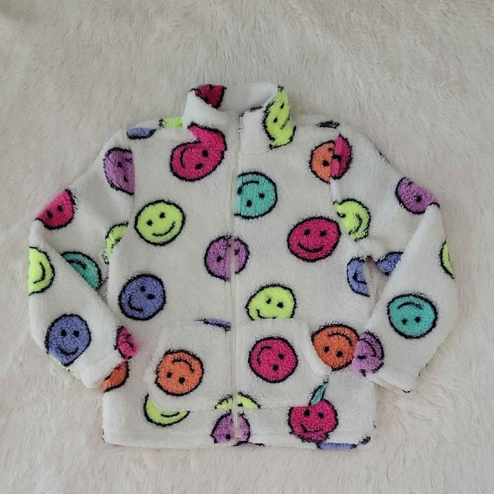 The Children's Place White Sherpa Colorful Emoji Zip Up Jacket Size 10/12